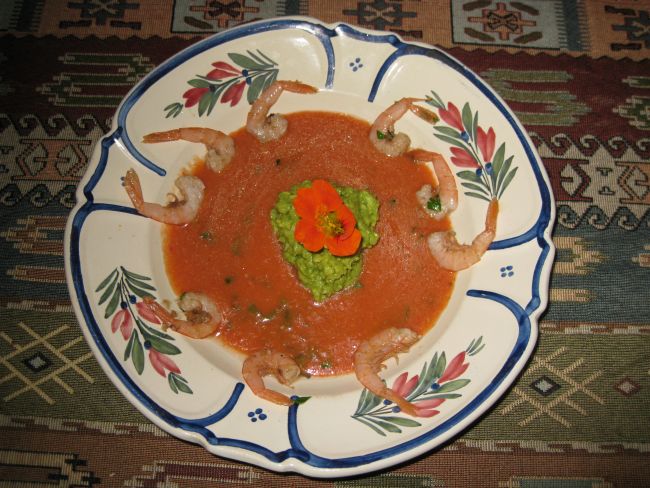 gazpacho with with avocado and shrimps